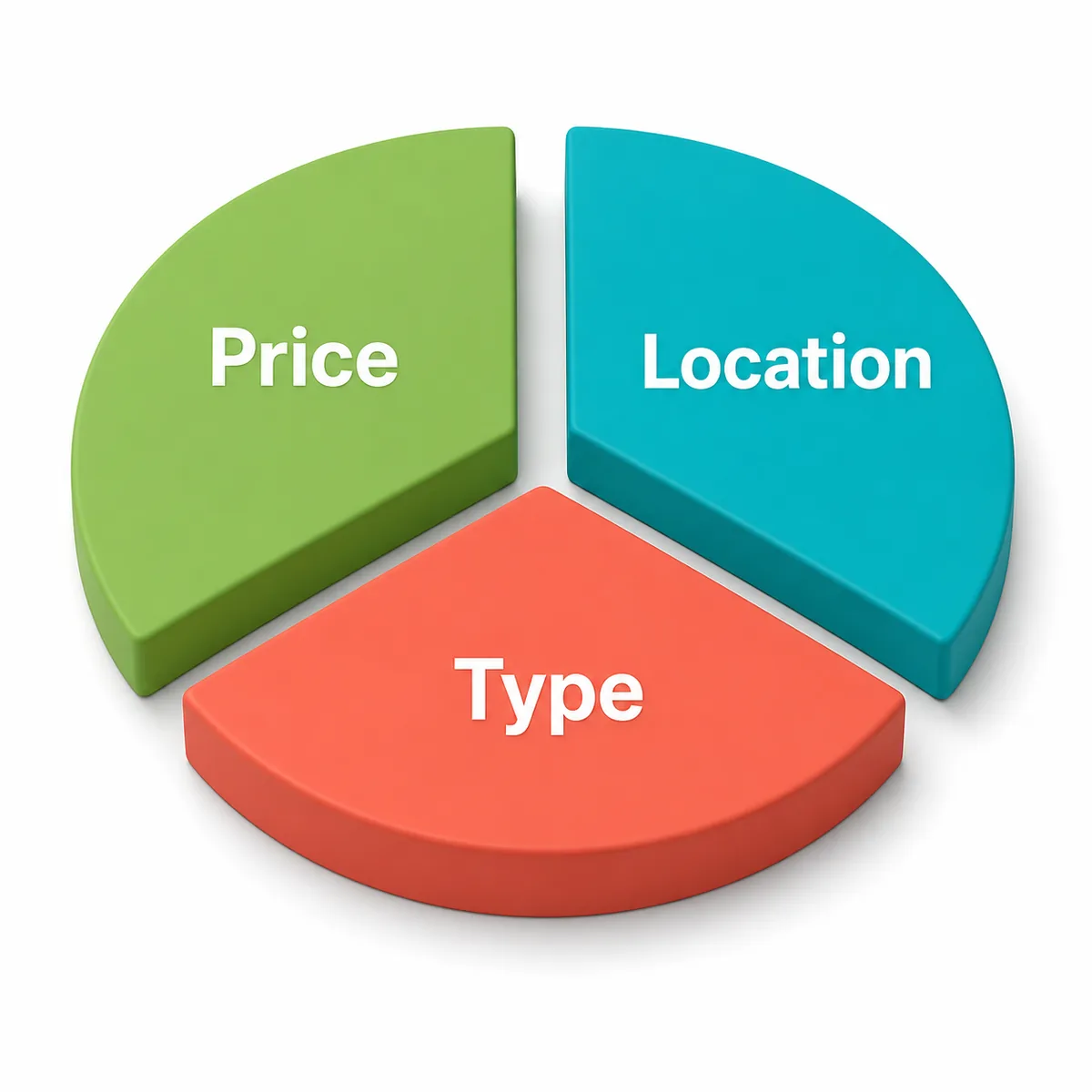 Pie chart with three equal wedges labeled Price, Location, and Type of Home